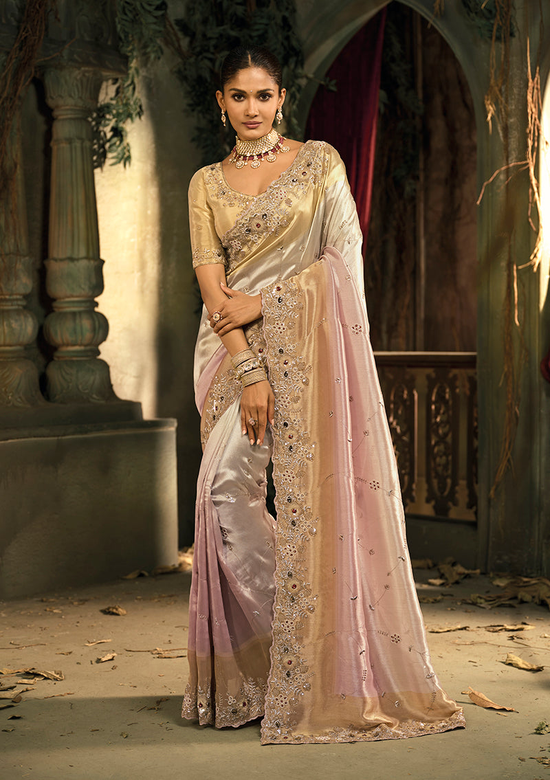 Monjolika Fashion Cream And Pink Silk Blend Wedding Saree With Cut Dana, Embroidered, Moti And Zari Work