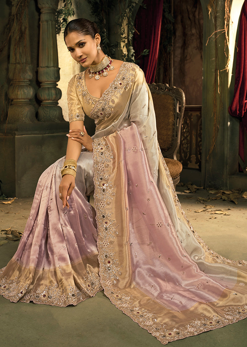 Monjolika Fashion Cream And Pink Silk Blend Wedding Saree With Cut Dana, Embroidered, Moti And Zari Work