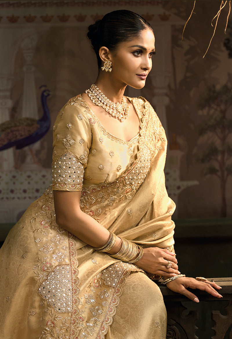 Monjolika Fashion Beige Silk Blend Wedding Saree With Cut Dana, Embroidered, Moti And Zari Work