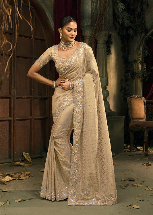 Monjolika Fashion Cream Silk Blend Wedding Saree With Cut Dana, Embroidered, Moti And Zari Work