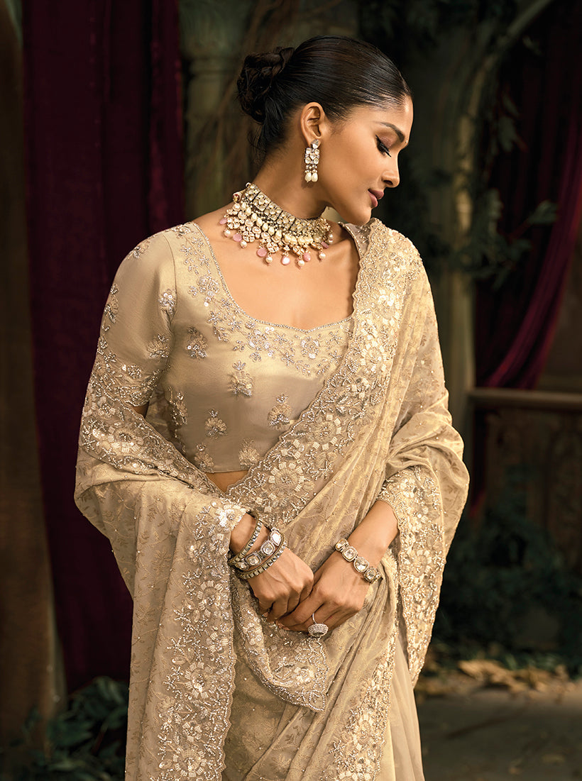 Monjolika Fashion Cream Silk Blend Wedding Saree With Cut Dana, Embroidered, Moti And Zari Work