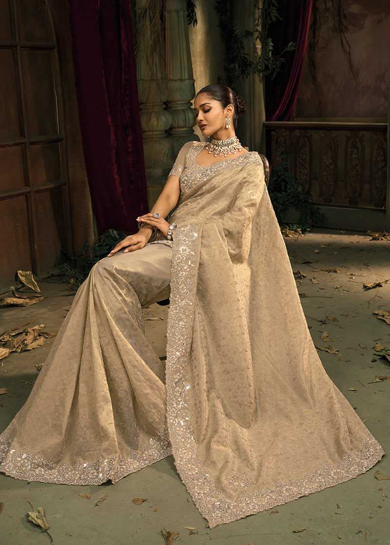 Monjolika Fashion Cream Silk Blend Wedding Saree With Cut Dana, Embroidered, Moti And Zari Work