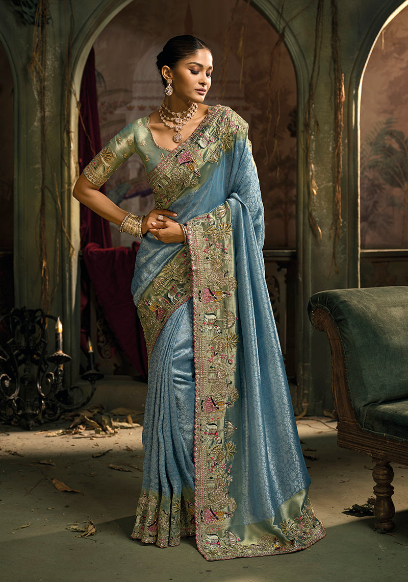 Monjolika Fashion Light Blue Silk Blend Wedding Saree With Cut Dana, Embroidered, Moti And Zari Work