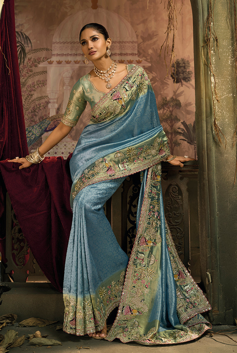 Monjolika Fashion Light Blue Silk Blend Wedding Saree With Cut Dana, Embroidered, Moti And Zari Work