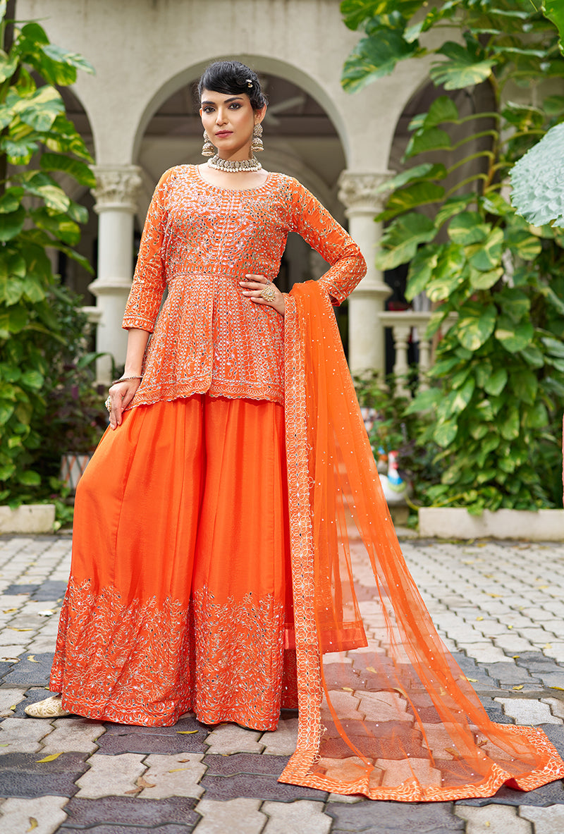 Monjolika Fashion Chinon Embroidered Orange Readymade Palazzo Kameez