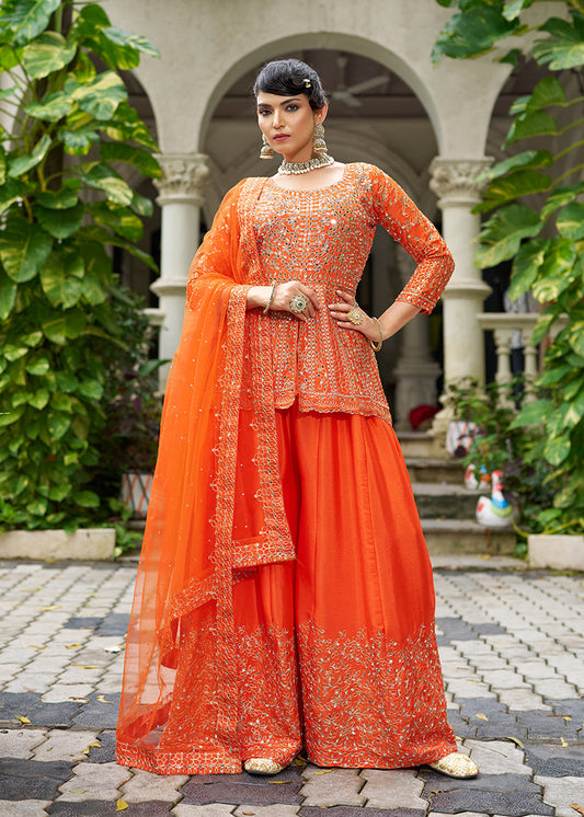 Monjolika Fashion Chinon Embroidered Orange Readymade Palazzo Kameez