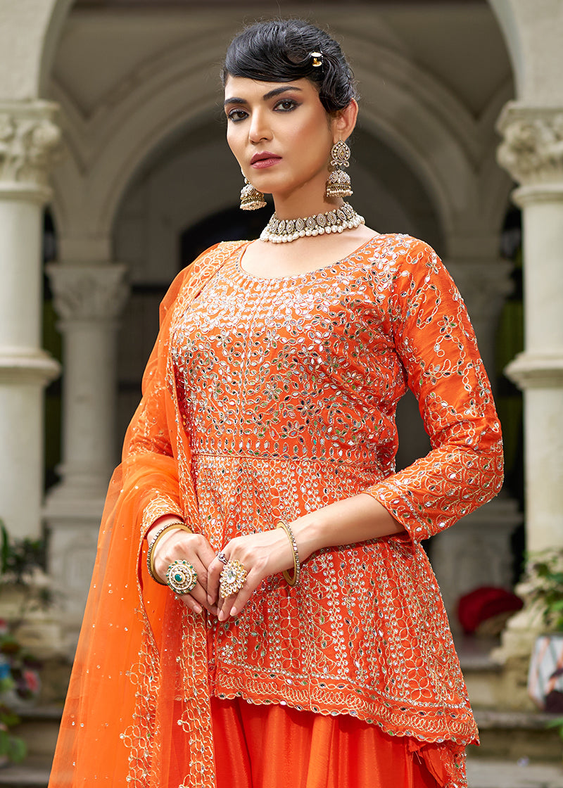 Monjolika Fashion Chinon Embroidered Orange Readymade Palazzo Kameez