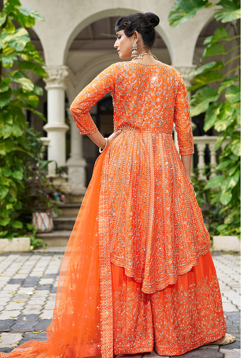 Monjolika Fashion Chinon Embroidered Orange Readymade Palazzo Kameez