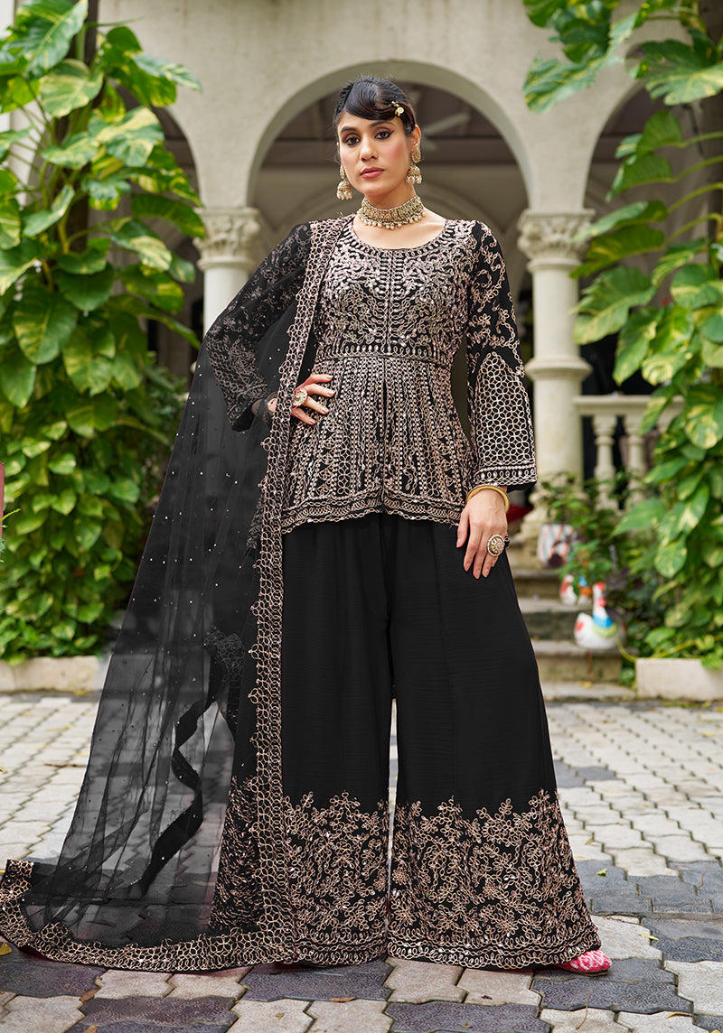Monjolika Fashion Chinon Embroidered Black Readymade Palazzo Kameez