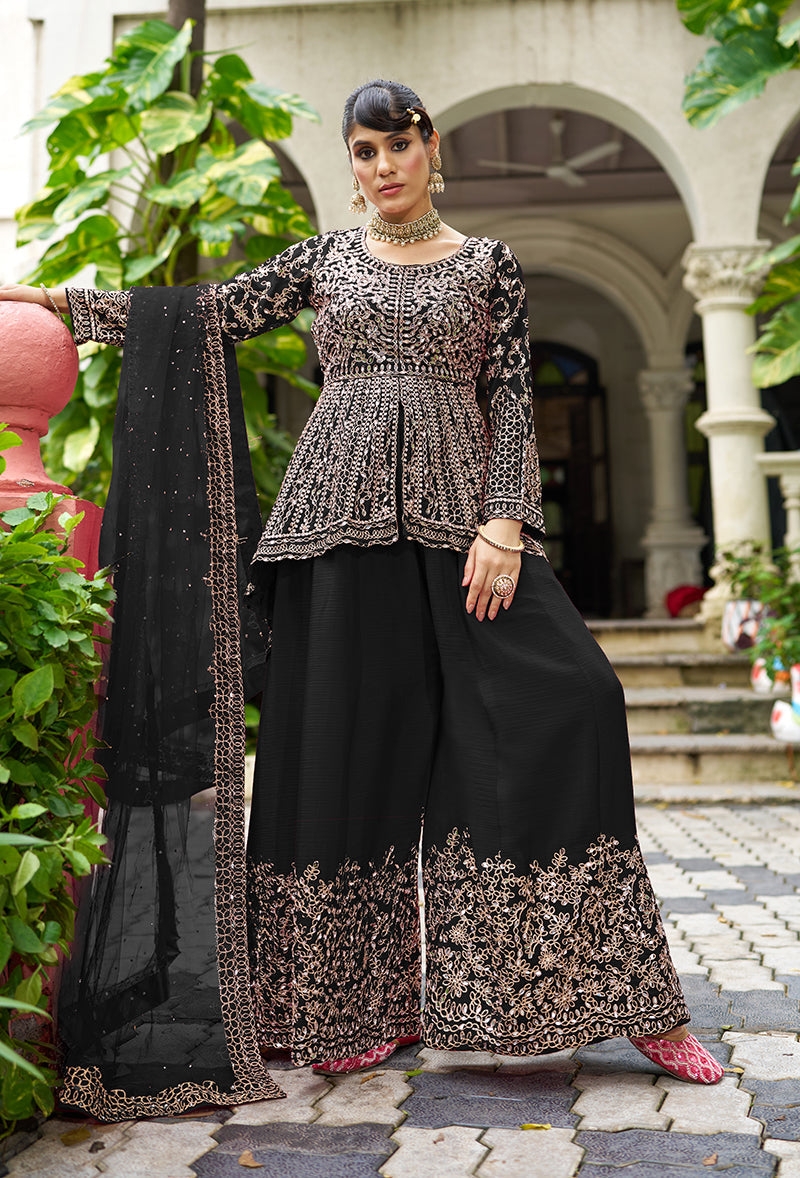 Monjolika Fashion Chinon Embroidered Black Readymade Palazzo Kameez