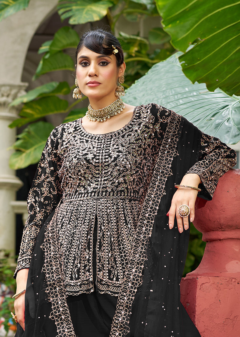 Monjolika Fashion Chinon Embroidered Black Readymade Palazzo Kameez