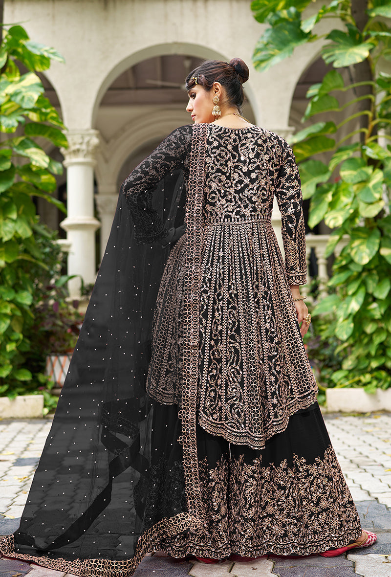 Monjolika Fashion Chinon Embroidered Black Readymade Palazzo Kameez