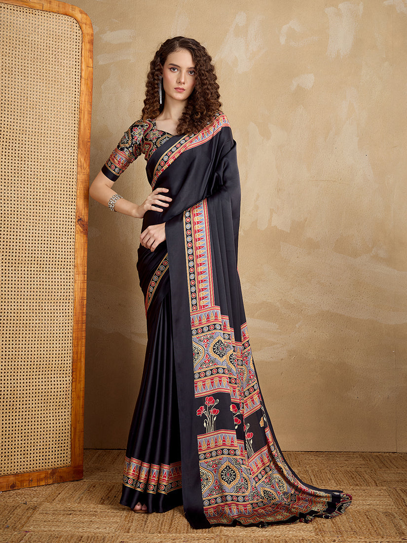 Monjolika Fashion Black Printed Satin Saree