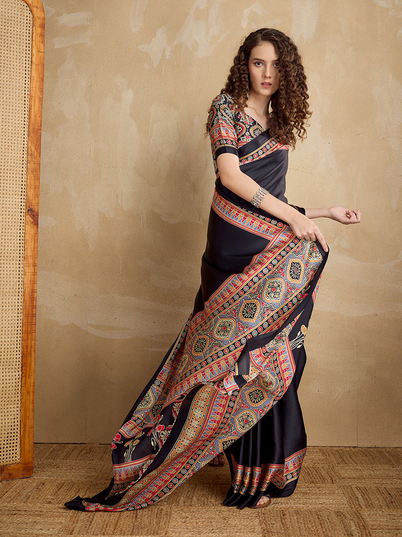 Monjolika Fashion Black Printed Satin Saree