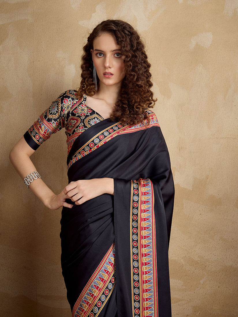 Monjolika Fashion Black Printed Satin Saree
