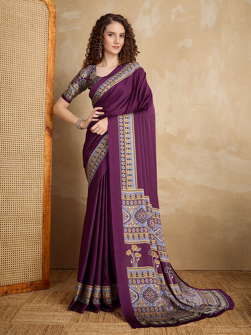 Monjolika Fashion Purple Printed Satin Saree