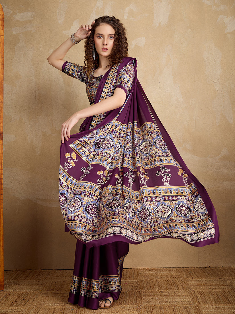 Monjolika Fashion Purple Printed Satin Saree