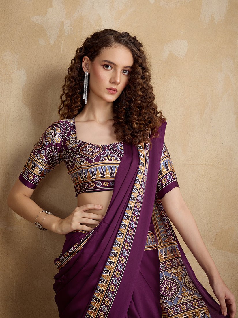 Monjolika Fashion Purple Printed Satin Saree