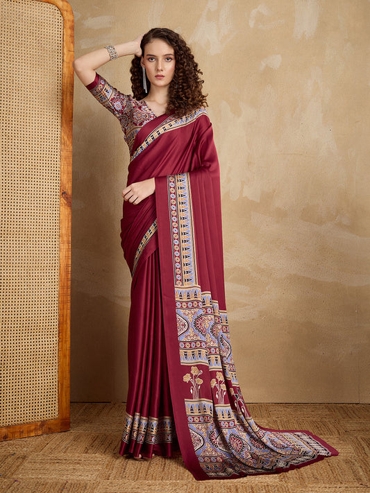 Monjolika Fashion Maroon Printed Satin Saree