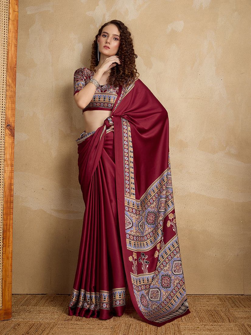Monjolika Fashion Maroon Printed Satin Saree