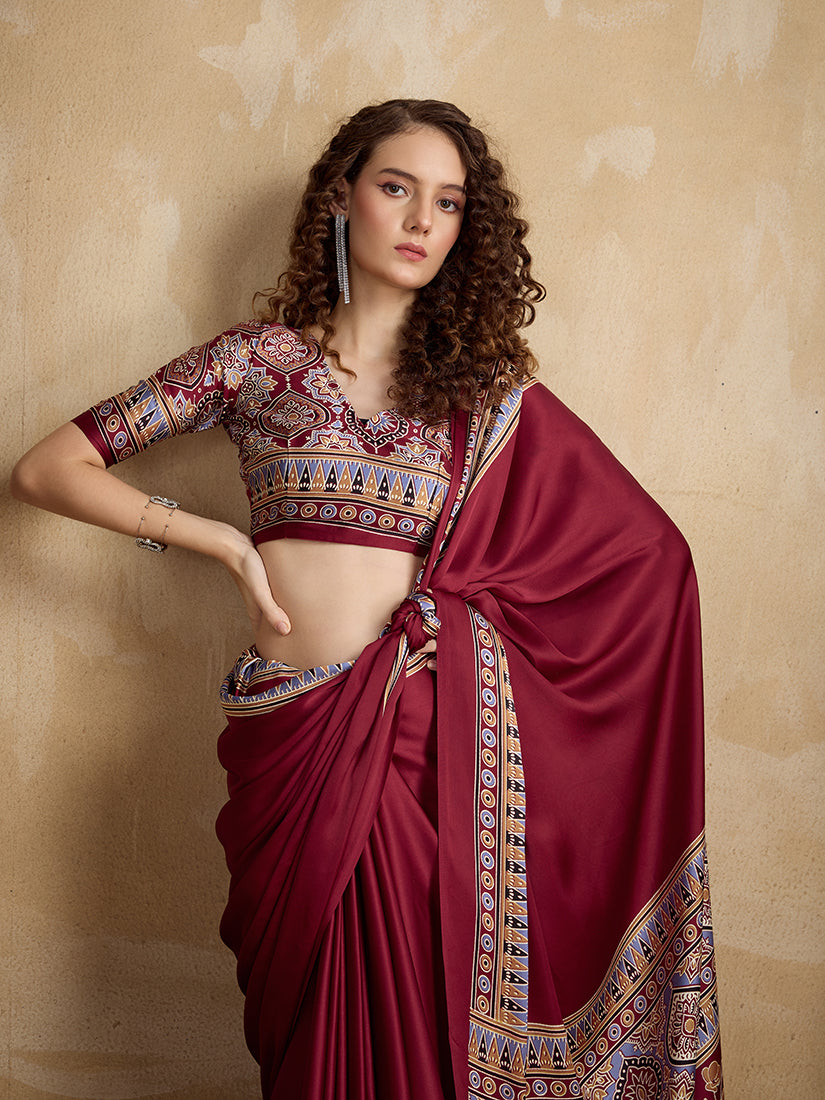 Monjolika Fashion Maroon Printed Satin Saree