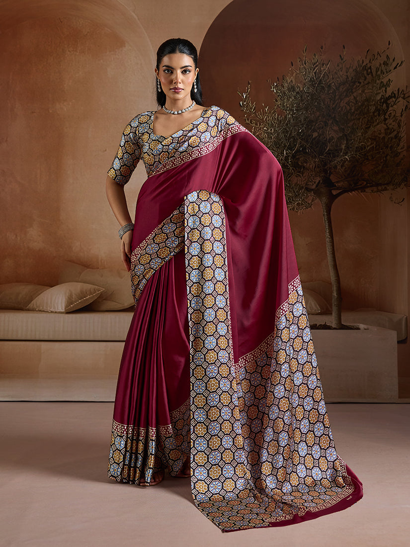 Monjolika Fashion Burgundy Printed Satin Saree