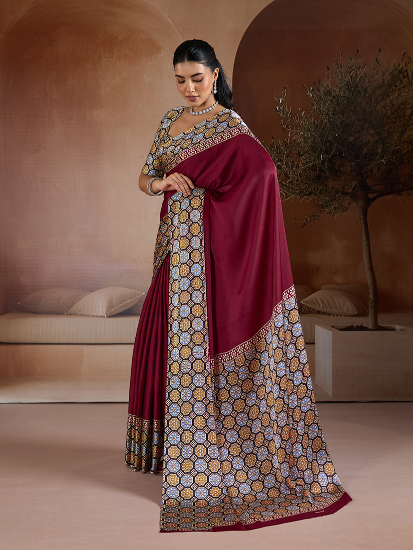 Monjolika Fashion Burgundy Printed Satin Saree