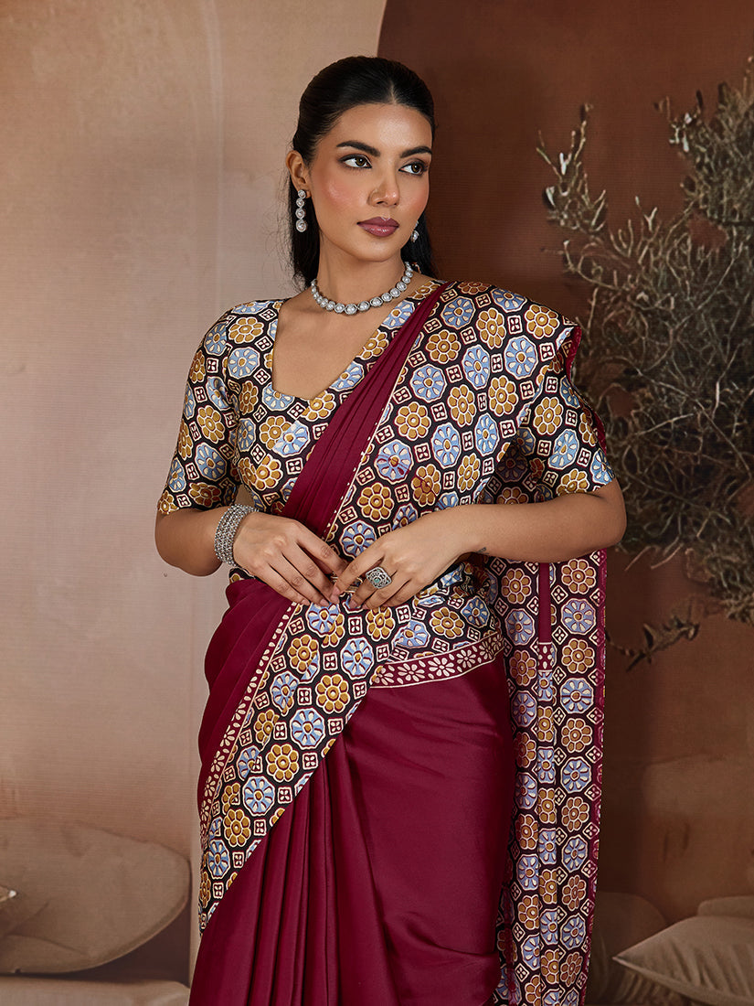 Monjolika Fashion Burgundy Printed Satin Saree
