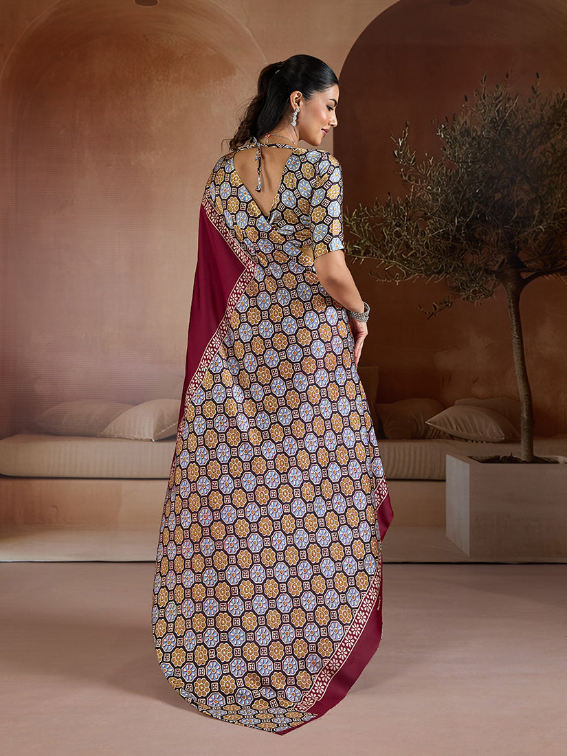 Monjolika Fashion Burgundy Printed Satin Saree