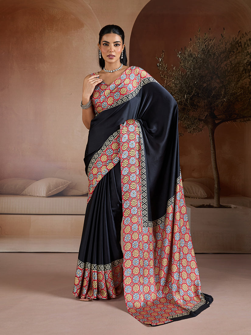 Monjolika Fashion Black Printed Satin Saree