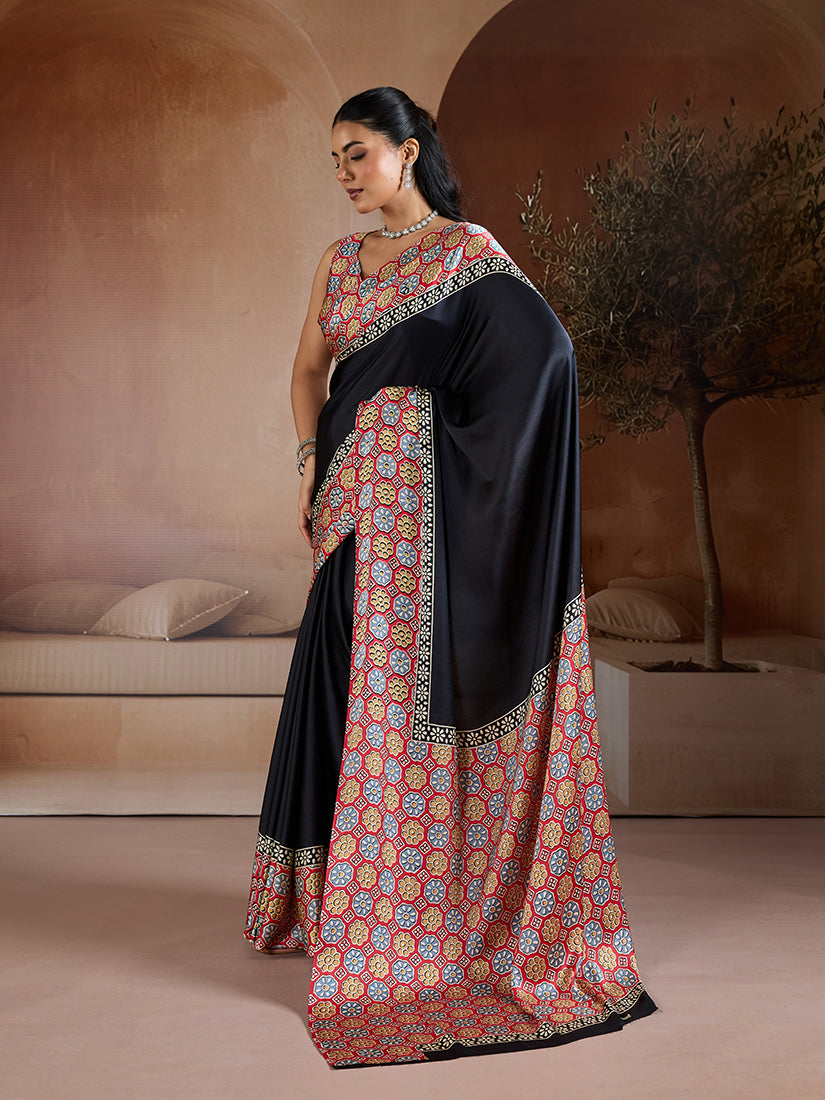 Monjolika Fashion Black Printed Satin Saree