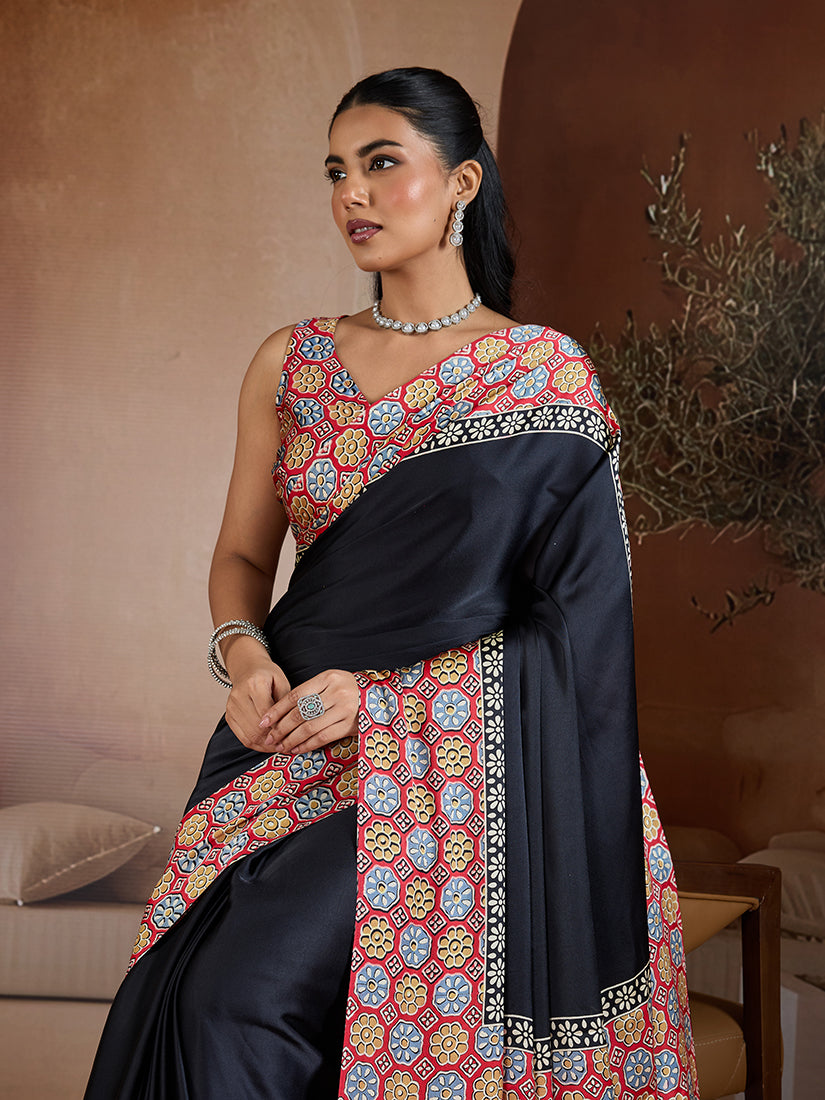 Monjolika Fashion Black Printed Satin Saree