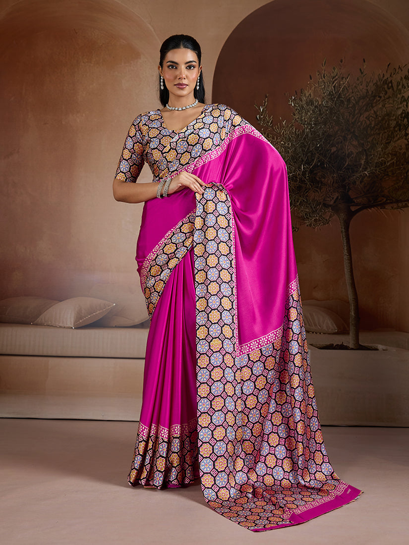 Monjolika Fashion Magenta Printed Satin Saree