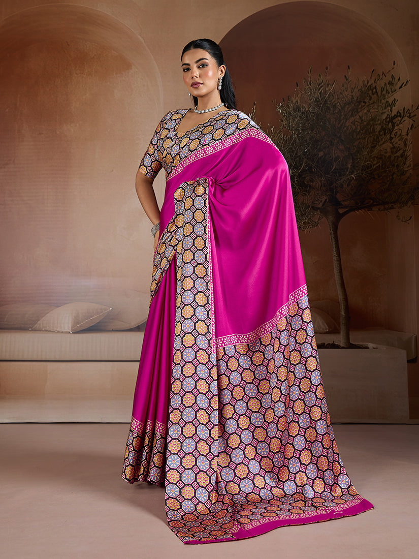 Monjolika Fashion Magenta Printed Satin Saree