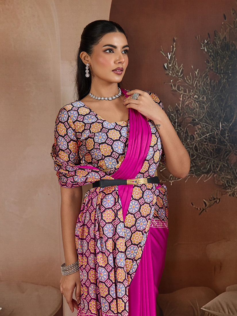 Monjolika Fashion Magenta Printed Satin Saree