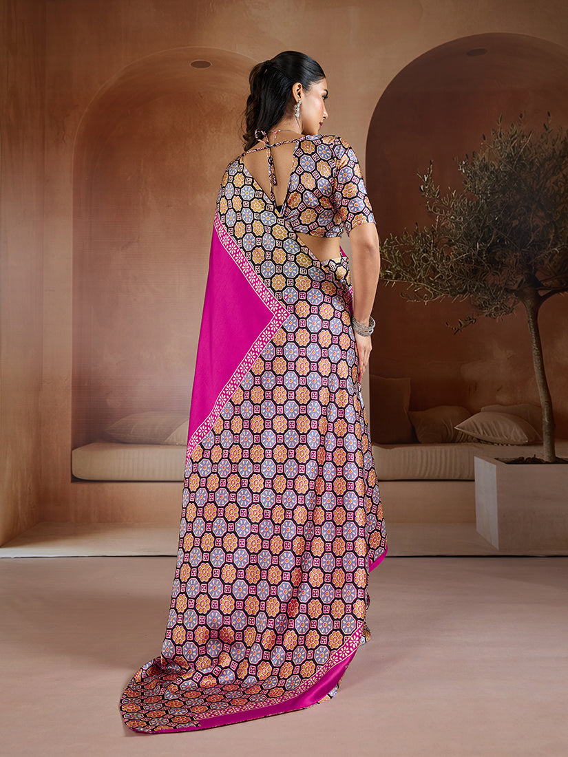Monjolika Fashion Magenta Printed Satin Saree