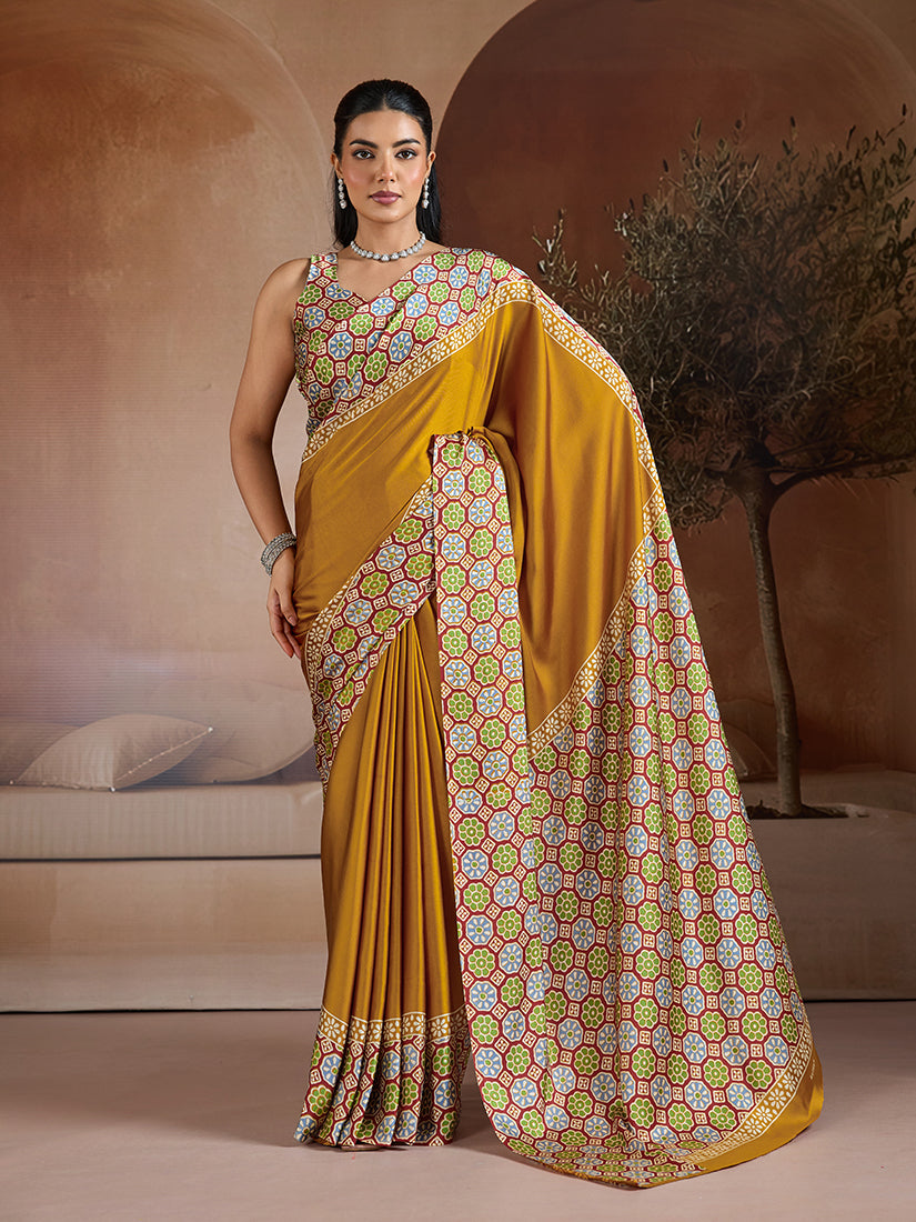 Monjolika Fashion Mustard Printed Satin Saree