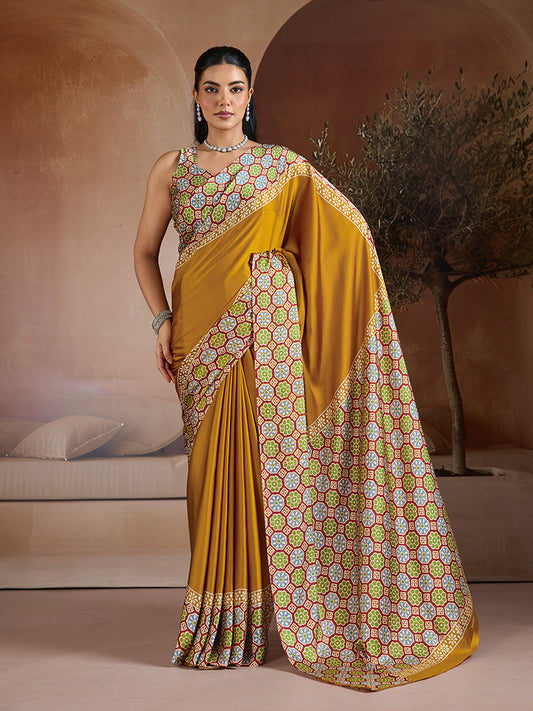 Monjolika Fashion Mustard Printed Satin Saree