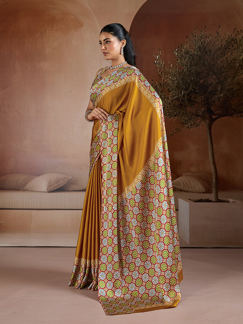 Monjolika Fashion Mustard Printed Satin Saree
