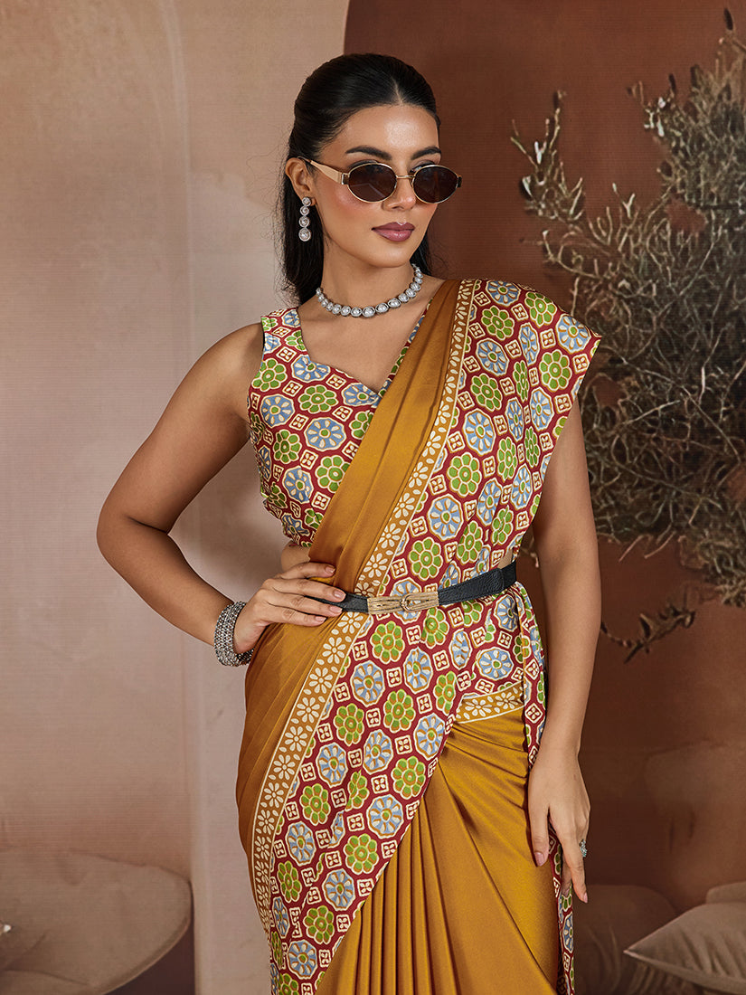 Monjolika Fashion Mustard Printed Satin Saree