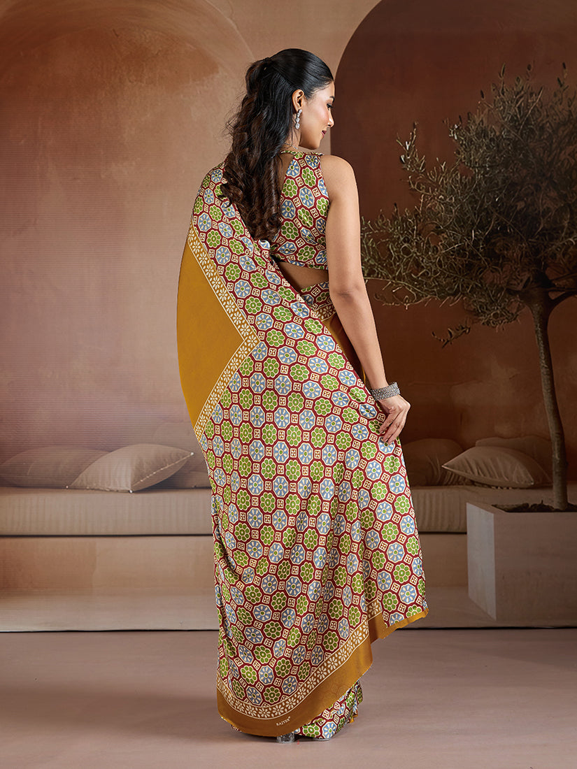Monjolika Fashion Mustard Printed Satin Saree