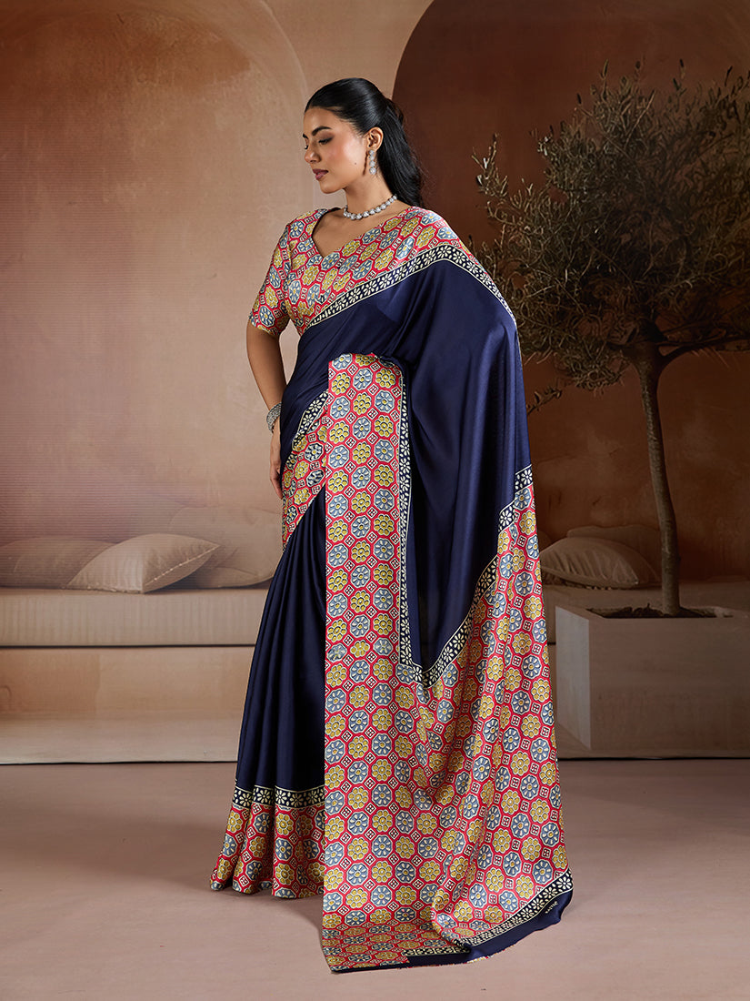Monjolika Fashion Navy Blue Printed Satin Saree