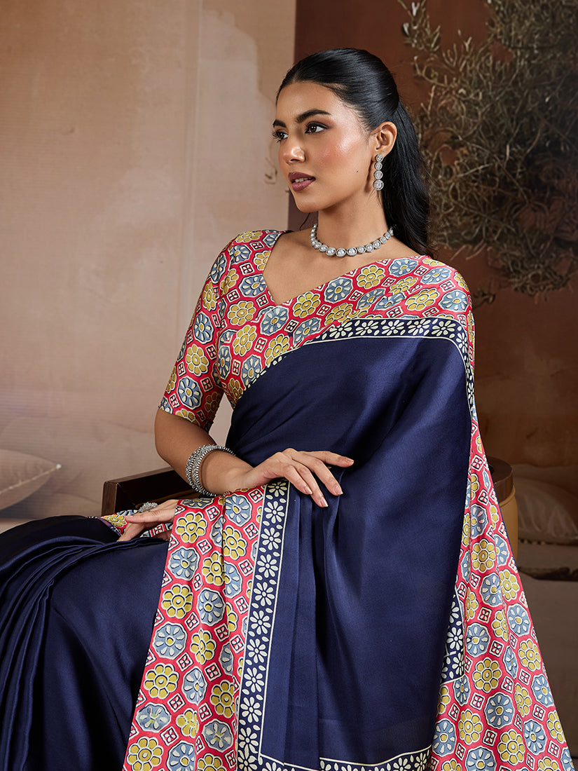 Monjolika Fashion Navy Blue Printed Satin Saree