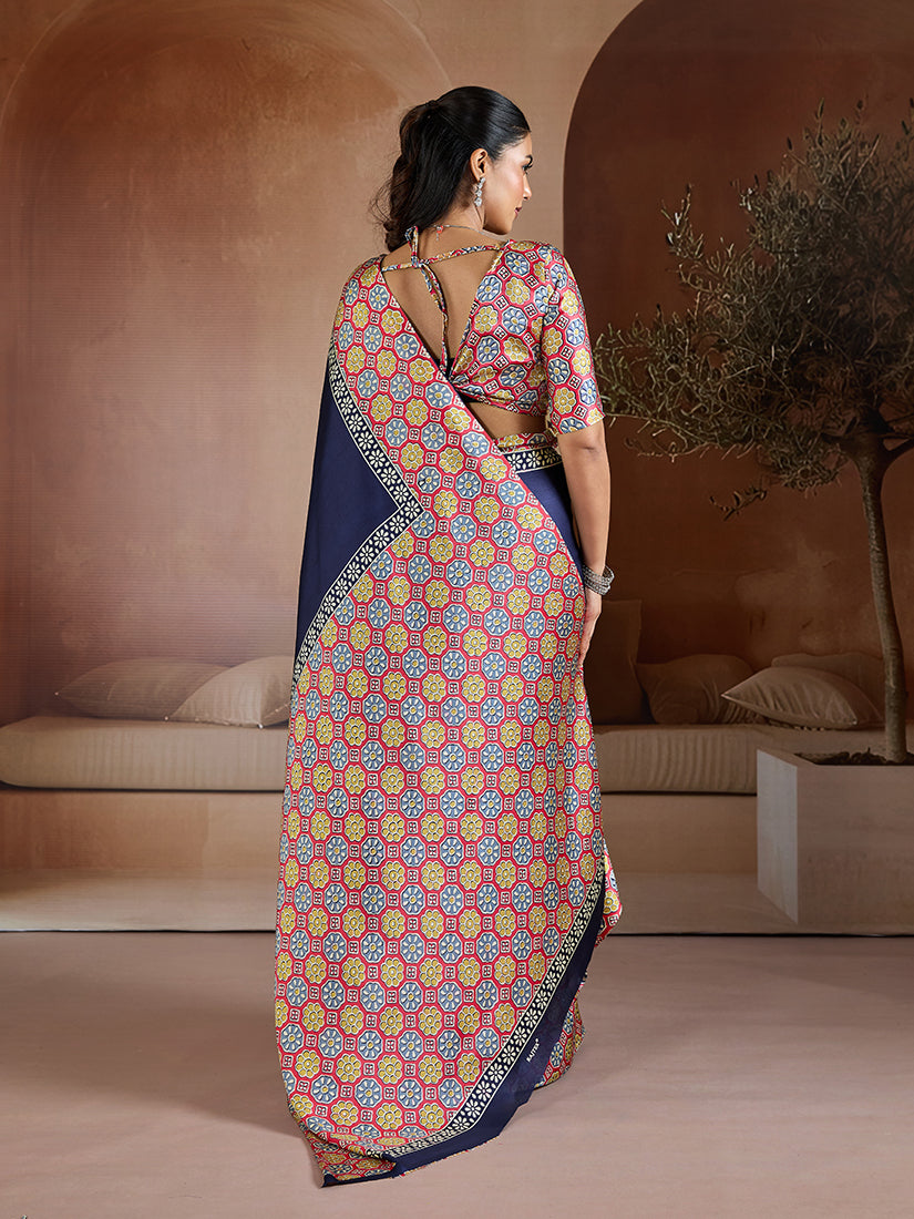 Monjolika Fashion Navy Blue Printed Satin Saree