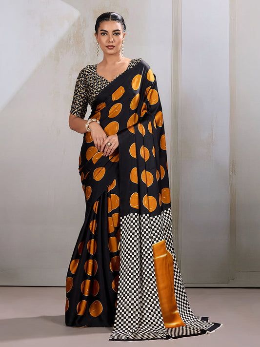 Monjolika Fashion Black & Orange Satin Printed Saree