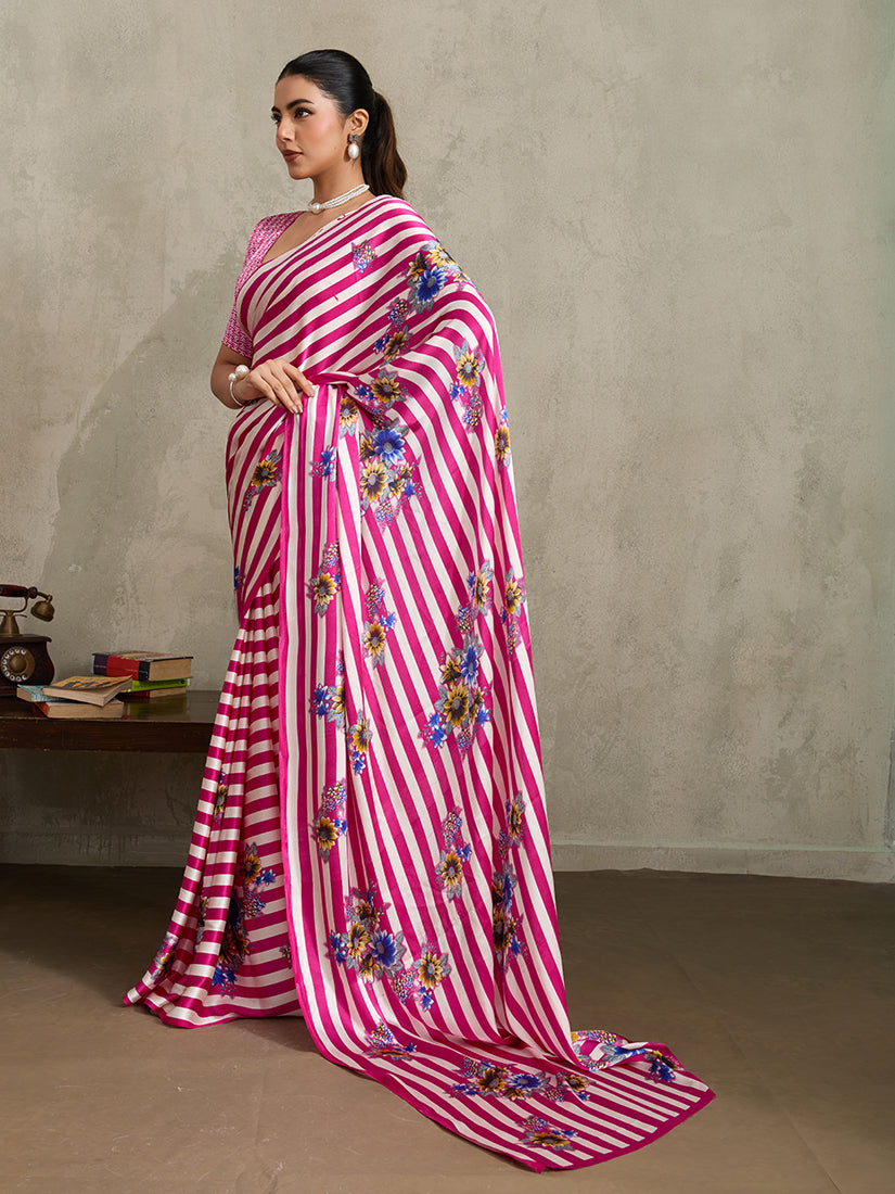 Monjolika Fashion Hot Pink Printed Satin Saree