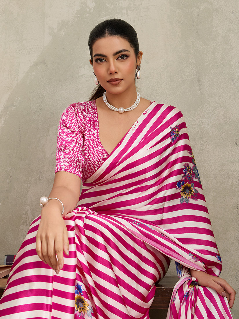 Monjolika Fashion Hot Pink Printed Satin Saree