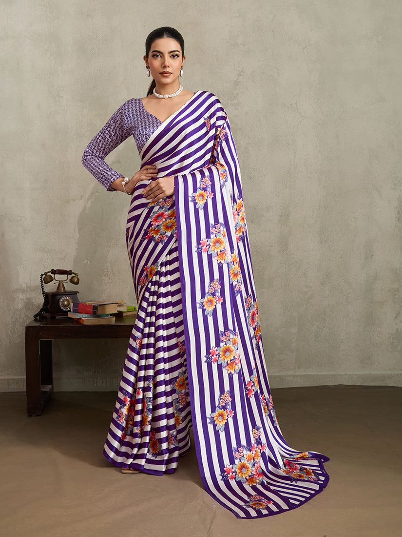 Monjolika Fashion Purple Printed Satin Saree