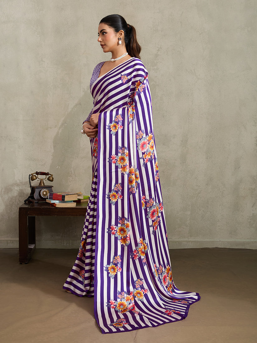 Monjolika Fashion Purple Printed Satin Saree