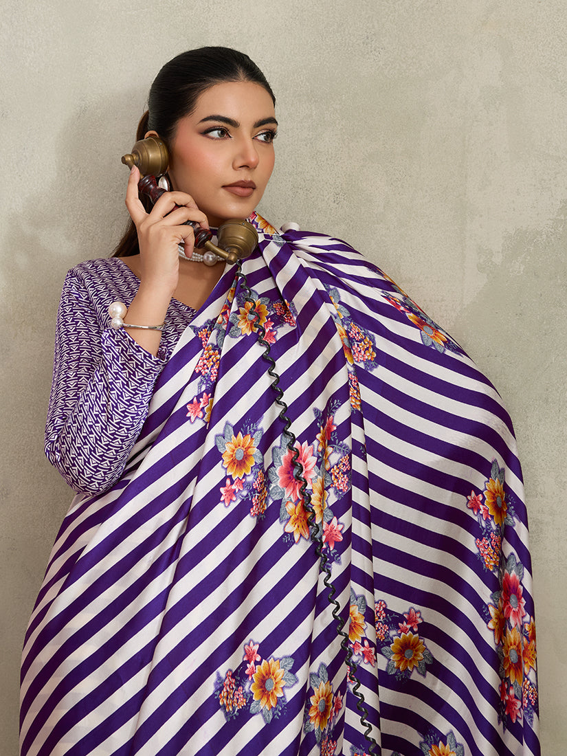 Monjolika Fashion Purple Printed Satin Saree